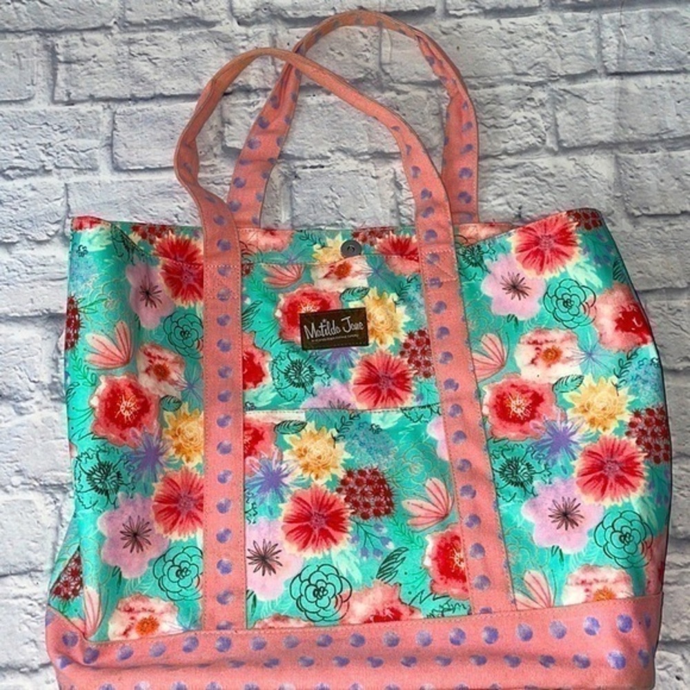 Matilda Jane Flower Dot Print Flamingo Interior Shopper Tote Canvas Carryall Bag
